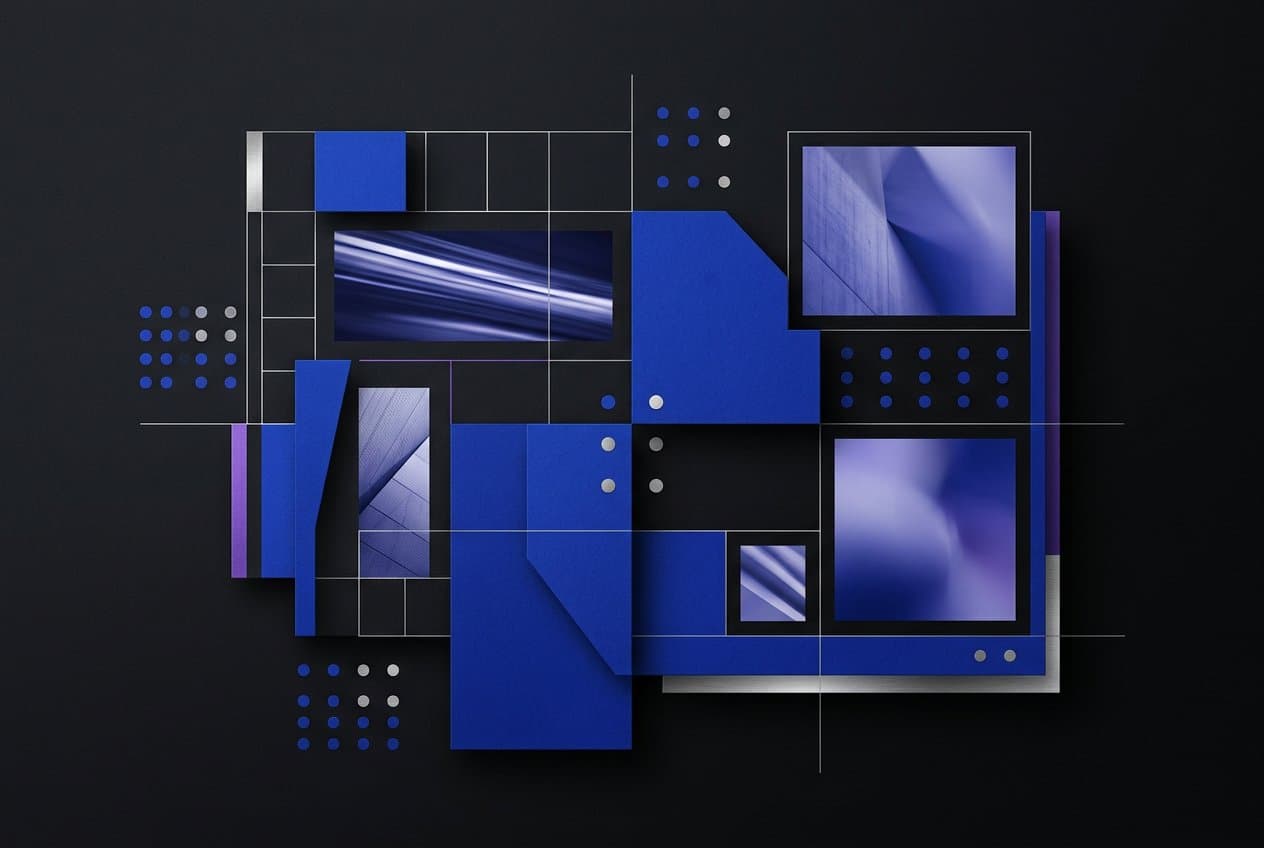 Cobalt editorial shapes composed across a precise dark graphic grid