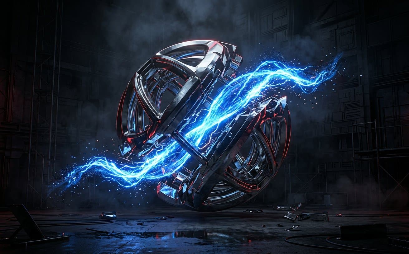 Sculptural chrome form split by a controlled ribbon of cobalt energy in a cinematic set