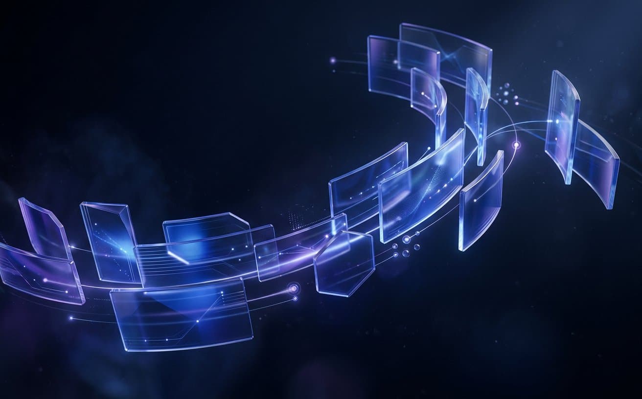 Translucent blue and violet interface panels flowing through a dark product-story environment